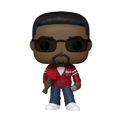 Figura colecionável estilo Funko Pop de homem com óculos escuros e blusão vermelho segurando flores e microfone