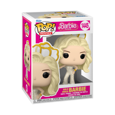 Figura Funko Pop Barbie Gold Disco com cabelo loiro e vestido branco, na caixa rosa e branca
