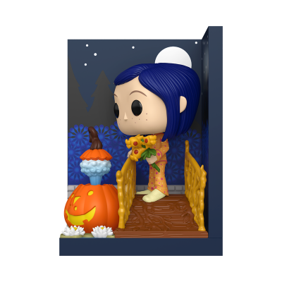 Figura colecionável vinil com cabelo azul, pijama rosa, flores amarelas, abóbora iluminada e cenário noturno