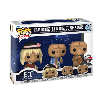 Trio de figuras Funko Pop! de E.T. com disfarces e flores em caixa de embalagem