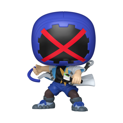 Figura colecionável com cabeça azul e X vermelho, roupa azul e branca, segurando acessório branco