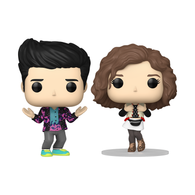 Duas figuras colecionáveis Funko Pop de personagens com roupas coloridas e cabelo encaracolado castanho e comprido preto.