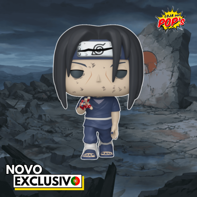 Boneco Funko Pop do personagem Itachi Uchiha em cenário rochoso com muralha