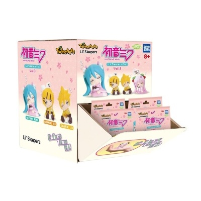Caixa de exposição com figuras colecionáveis Lil Sleepers de Hatsune Miku em embalagens rosas.