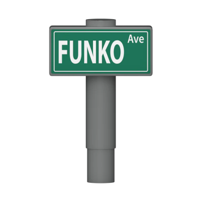 Placa de rua verde com texto 'FUNKO Ave' em suporte cinza