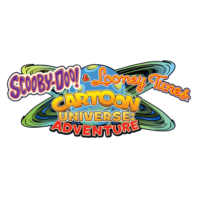 Logótipo colorido de Scooby-Doo! & Looney Tunes Cartoon Universe: Adventure com planeta azul e anéis verdes