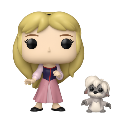 Figura colecionável Funko Pop de personagem feminina loira com vestido rosa e azul e um animal branco ao lado