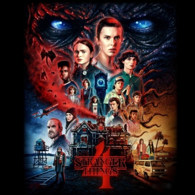 Cartaz colorido da série Stranger Things com vários personagens e fundo vermelho e azul