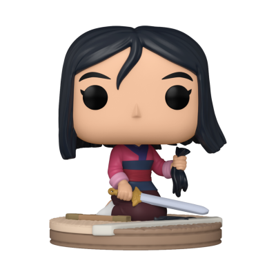 Boneca Funko Pop da personagem Mulan com espada e base redonda bege