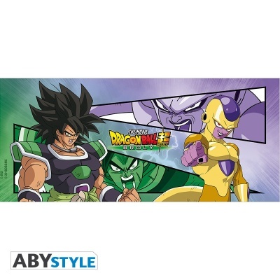 Personagens animados Dragon Ball Z Broly e Freeza com logótipos em fundo colorido