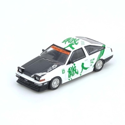 Modelo de carro branco com capô preto e decorações verdes