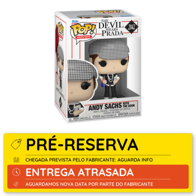 Figura Funko Pop! da personagem Andy Sachs com um livro, da coleção THE DEVIL WEARS PRADA em embalagem com etiqueta de pré-reserva amarela.