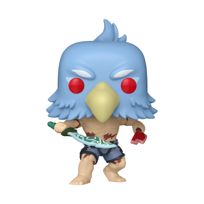 Figura Funko Pop de vinil com cabeça azul em forma de pássaro e corpo musculoso.