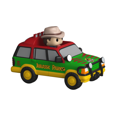 Funko Pop carro SUV verde, vermelho e amarelo com texto Jurassic Park e personagem com chapéu bege.