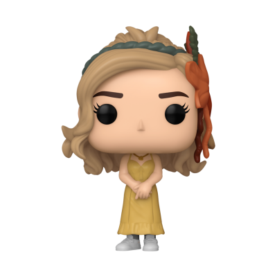 Figura Funko Pop feminina com vestido amarelo e acessórios na cabeça