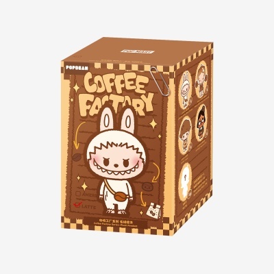 Caixa castanha da série Coffee Factory com figura de boneco branco com orelhas de coelho.