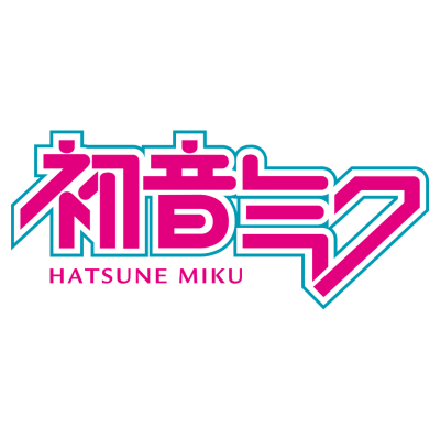 Logótipo Hatsune Miku com texto em katakana e inglês em rosa e azul