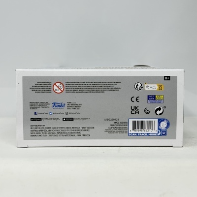 Parte traseira de uma caixa de embalagem Funko com texto, símbolos e código de barras.