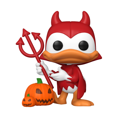 Figura de vinil de um pato vestido de diabo com tridente e abóboras à frente.
