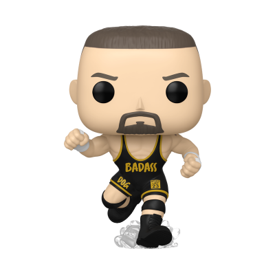 Figura Funko Pop do lutador com fato de luta preto e amarelo e texto BADASS DOG SPEED LIMIT 23.