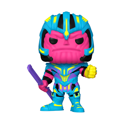 Figura Funko Pop colorida com capacete azul e rosto rosa segurando bastão roxo.