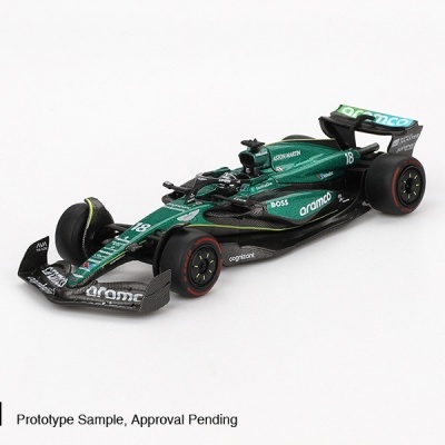 Miniatura de carro de Fórmula 1 verde e preto com detalhes de patrocínio e número 18