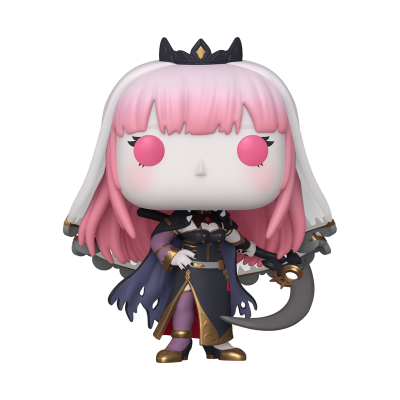 Figura colecionável Funko Pop com cabelo rosa e vestido preto com detalhes dourados.