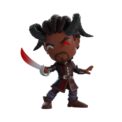 Figurinha de personagem com roupa vermelha e azul e espada vermelha e branca