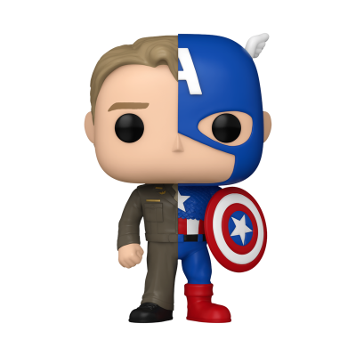 Figura Funko Pop meio pessoa normal meio Capitão América com escudo