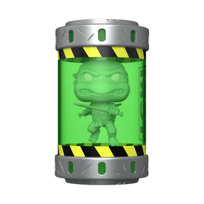 Figura Funko Pop verde dentro de recipiente cilíndrico com tampas metálicas e fitas pretas e amarelas.