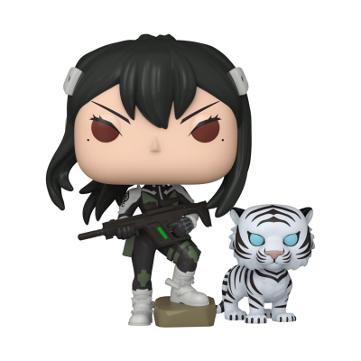 Funko Pop de personagem com cabelo preto e tigre branco com olhos azuis