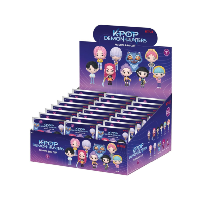 Caixa expositor K-POP DEMON HUNTERS com figurinhas cartoon e texto NETFLIX