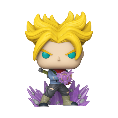Funko Pop com cabelo amarelo e base violeta em formato de cristais