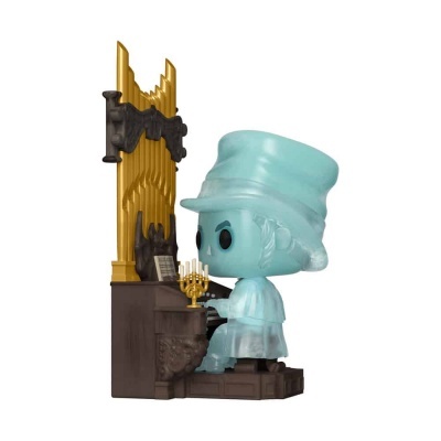 Funko Pop do personagem Casper sentado ao lado de um órgão dourado com detalhes em preto e uma menora.