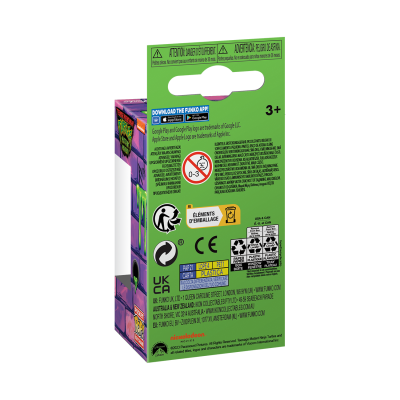 Embalagem retangular de cartão verde e roxo com texto de segurança e símbolos