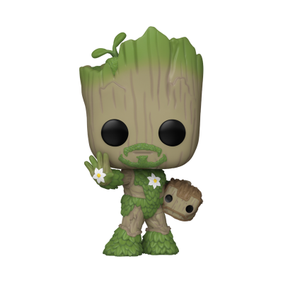 Figura colecionável da personagem Groot em madeira e musgo com flores brancas