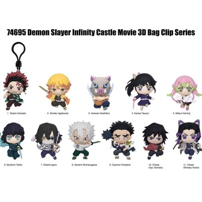Chaveiros 3D da série Demon Slayer com personagens em fundo branco e texto do título no topo.