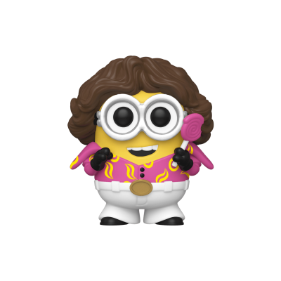 Figura colecionável minion com camisa rosa e calças brancas segurando pirulito