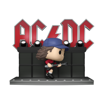 Figura Funko Pop de músico com guitarra elétrica em palco com logotipo AC/DC