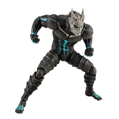 Figura de ação musculada com máscara cinza e detalhes azuis