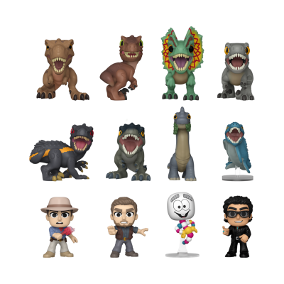 Mini figuras de dinossauros e personagens coloridos sobre fundo branco