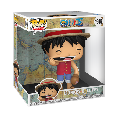 Funko Pop! Monkey D. Luffy da série One Piece em caixa com fundo de mapa