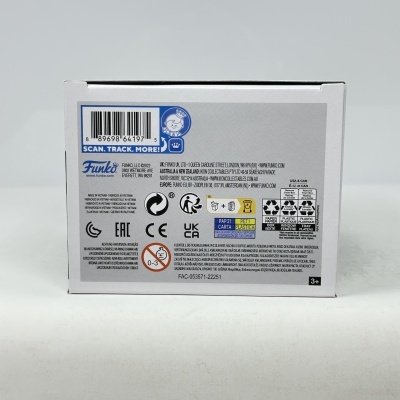 Caixa branca de produto Funko com texto e código de barras