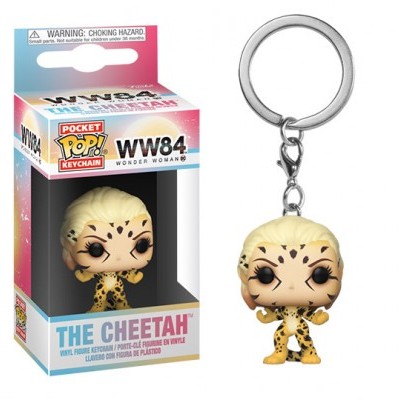 Chaveiro Pocket Pop! WW84 da Mulher Maravilha, figura The Cheetah em caixa