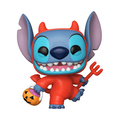 Figura Funko Pop do Stitch vestido de diabo com tridente e balde de abóbora de Halloween