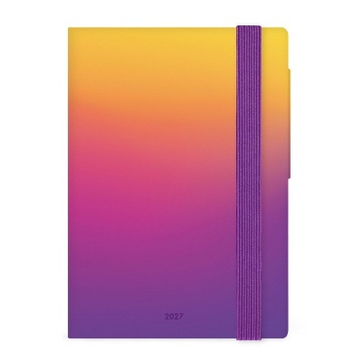 Agenda 2027 com capa em gradiente amarelo a roxo e elástico roxo