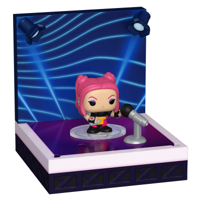 Figura Funko Pop com cabelo rosa e microfone em palco iluminado