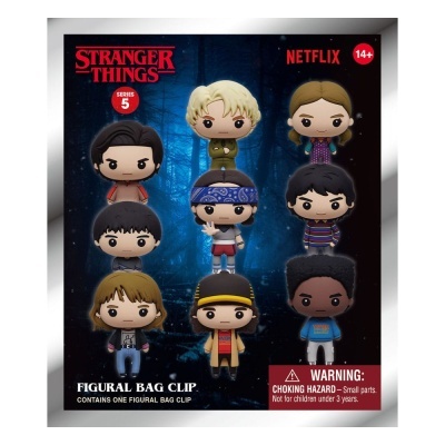 Figuras de personagem Stranger Things Série 5 em forma de clips para saco com fundo azul escuro e texto de aviso.