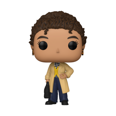Figura Funko Pop com casaco amarelo claro e calças azuis a segurar mala preta