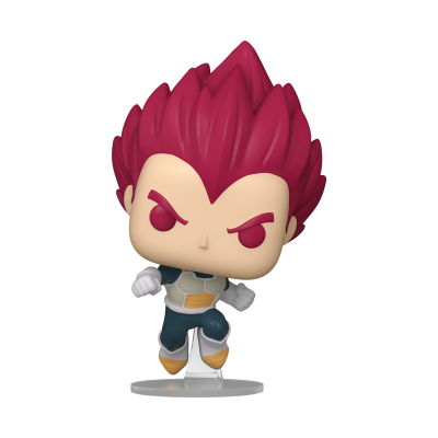 Figura Funko Pop personagem cabelo vermelho armadura cinzenta azul bege sobre base transparente